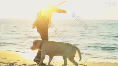 年轻男子和他上海滩慢动作的狗玩